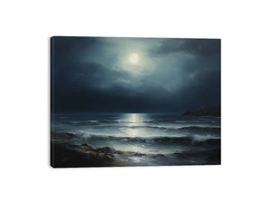 Midnight Coast dark moonlit ocean seascape painting for modern living room decor.