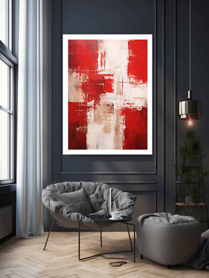 Crimson Structure vertical red neutral abstract painting for modern entryway decor.
