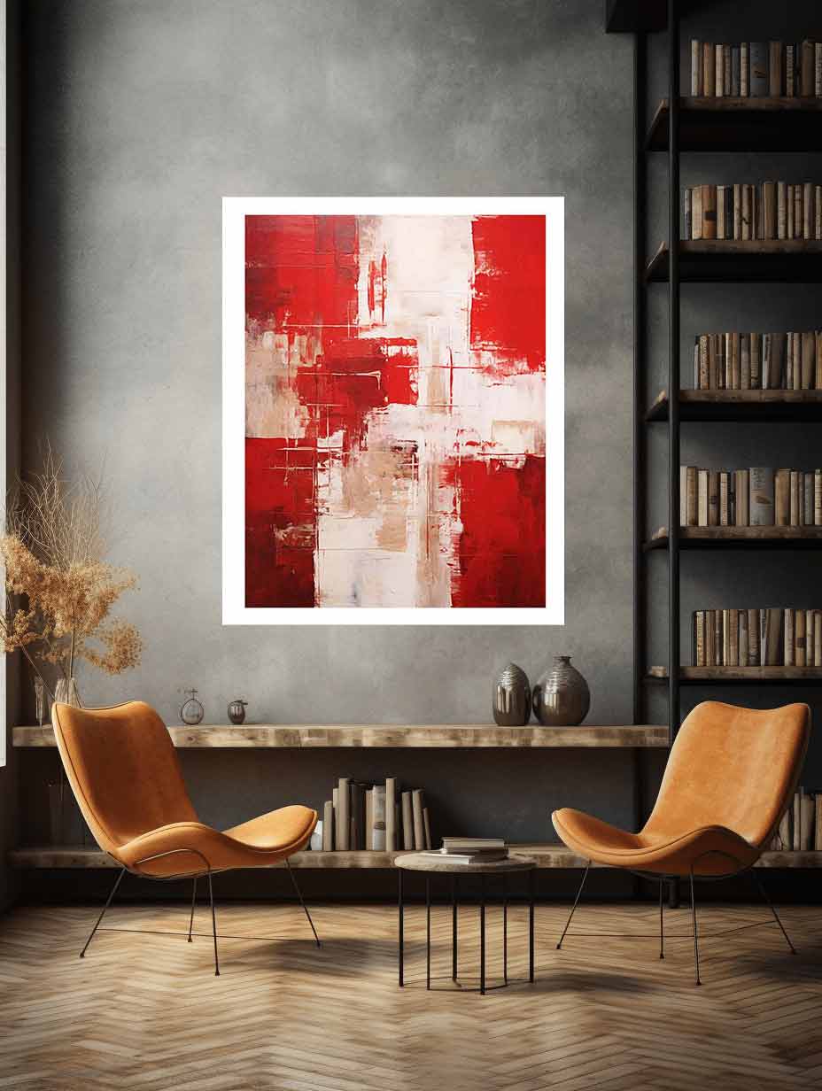 Crimson Structure vertical red neutral abstract painting for modern entryway decor.