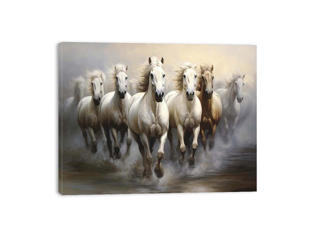 White horses running through misty water canvas art for serene modern home decor.