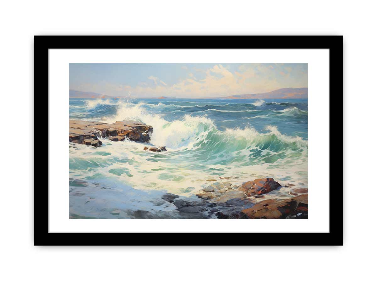 Coastal Surge sunlit sea wave oil painting for modern living room decor.