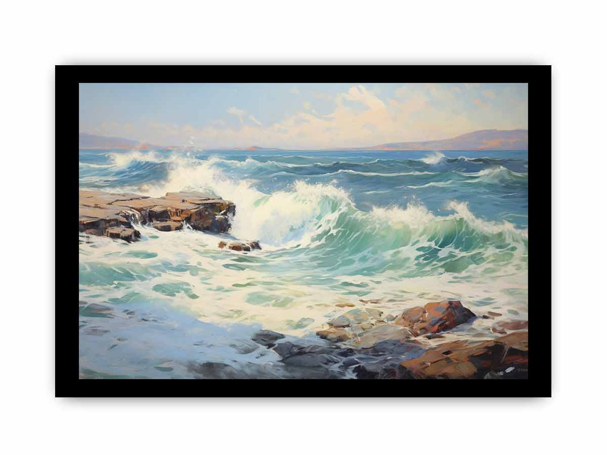 Coastal Surge sunlit sea wave oil painting for modern living room decor.