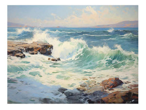 Coastal Surge sunlit sea wave oil painting for modern living room decor.