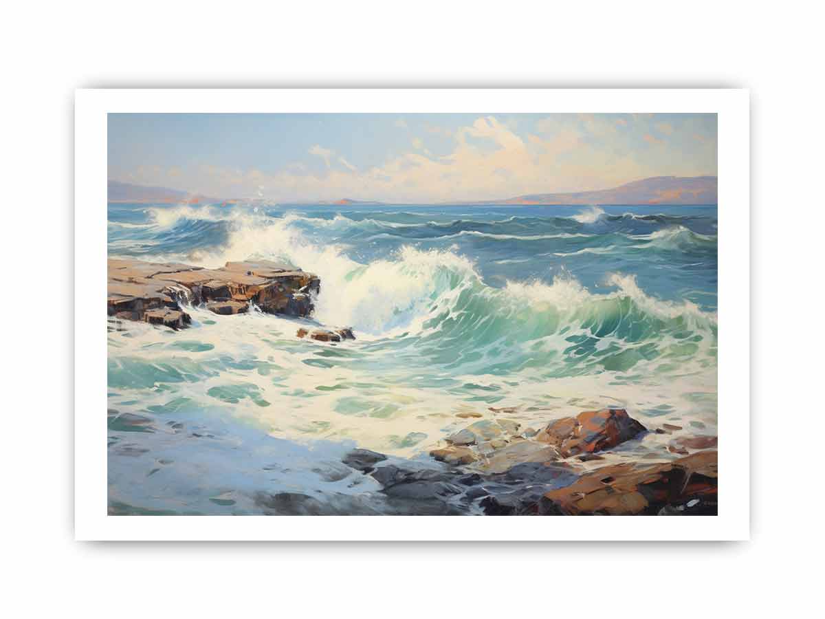 Coastal Surge sunlit sea wave oil painting for modern living room decor.