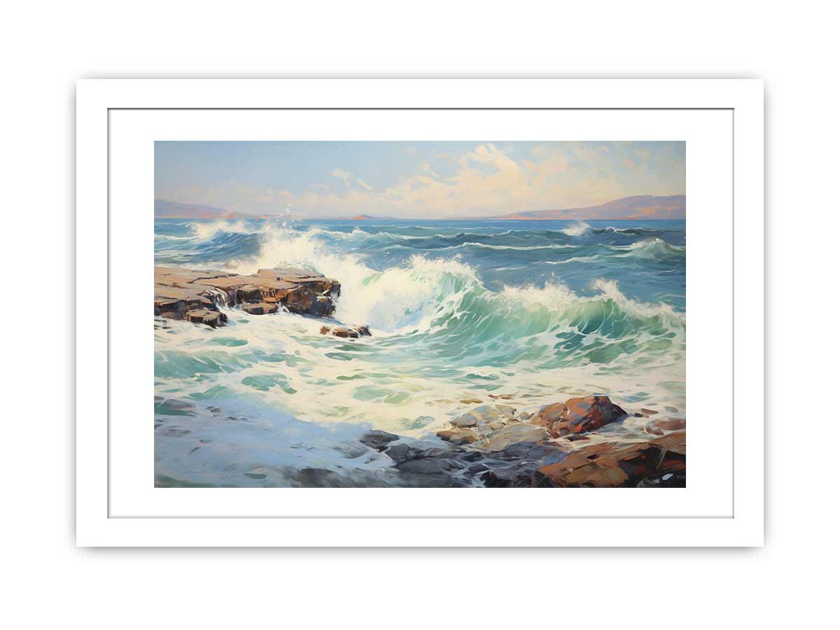 Coastal Surge sunlit sea wave oil painting for modern living room decor.