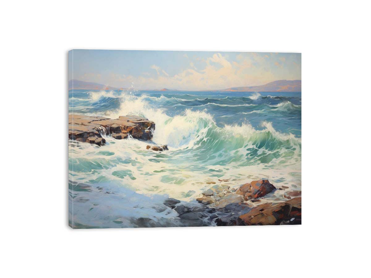 Coastal Surge sunlit sea wave oil painting for modern living room decor.