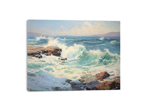 Coastal Surge sunlit sea wave oil painting for modern living room decor.