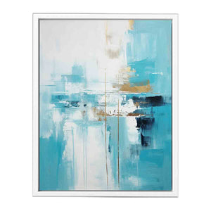 Aqua Balance vertical teal white abstract painting for modern bedroom decor.