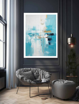 Aqua Balance vertical teal white abstract painting for modern bedroom decor.