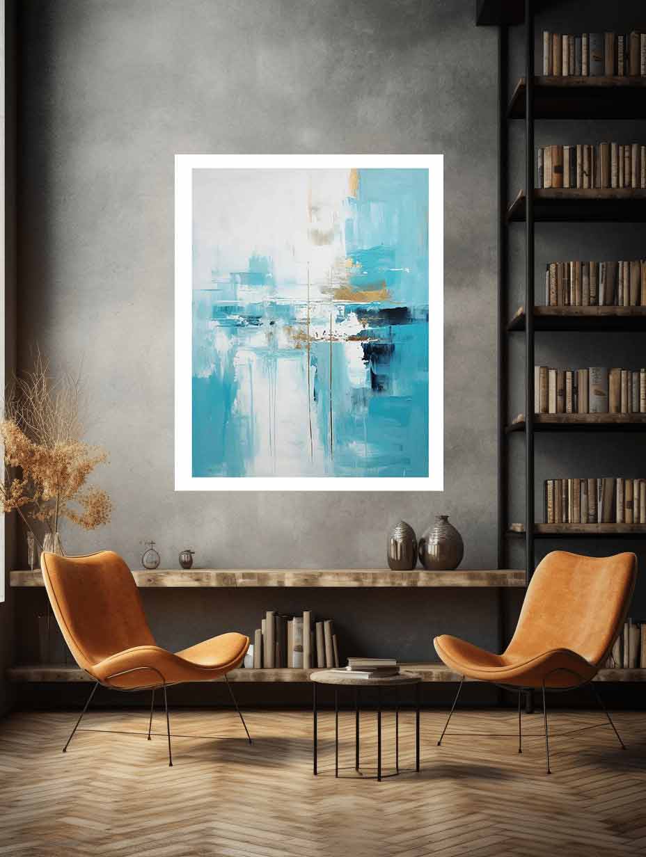 Aqua Balance vertical teal white abstract painting for modern bedroom decor.