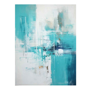 Teal abstract canvas art with urban lines for modern living room decor.