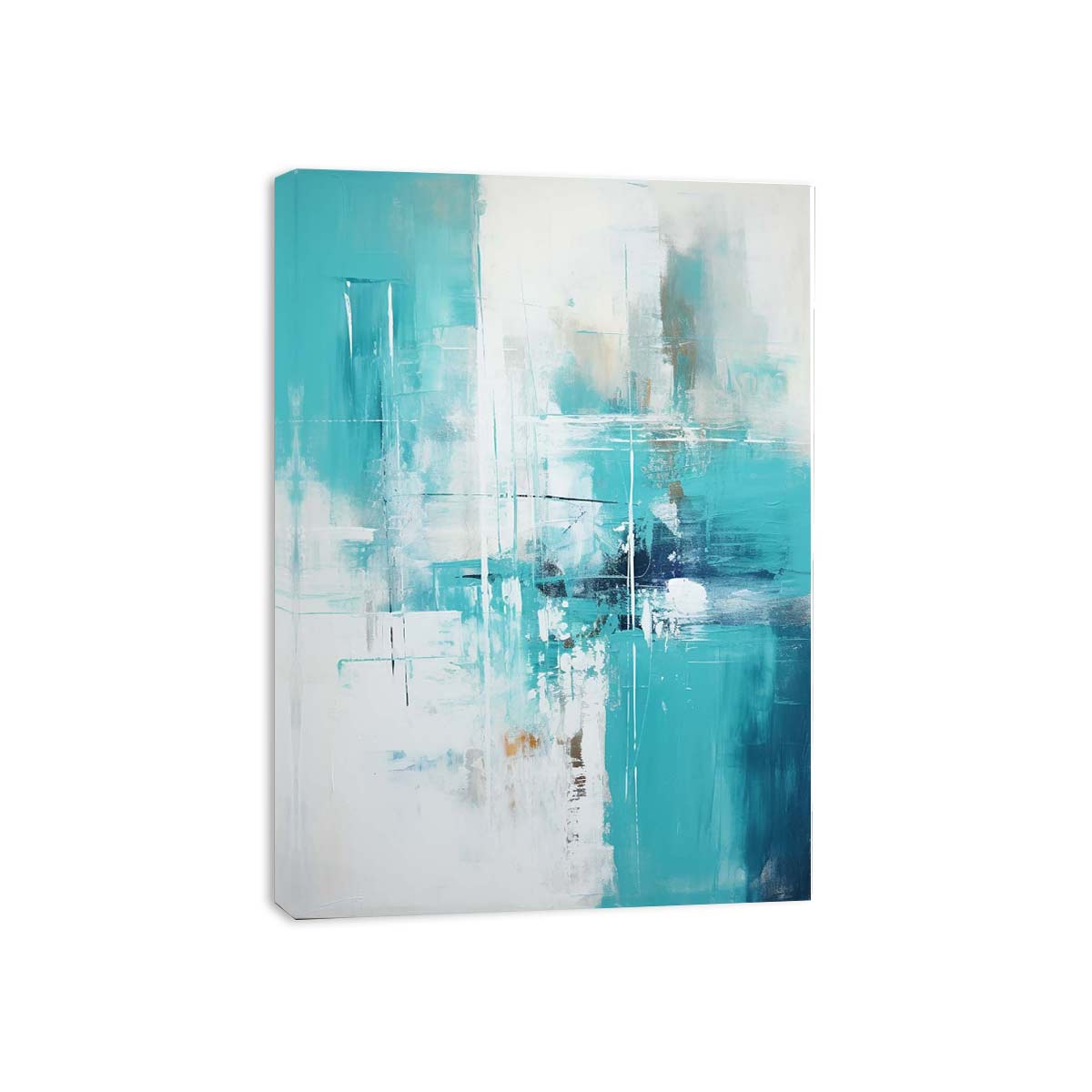 Teal abstract canvas art with urban lines for modern living room decor.