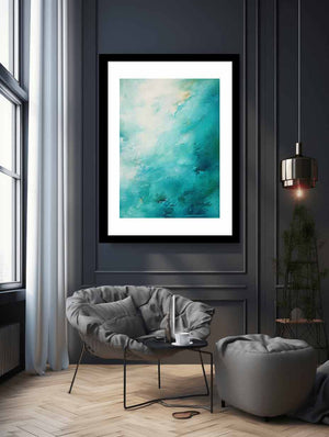 Turquoise abstract ocean canvas art for calm bedroom wall decor.