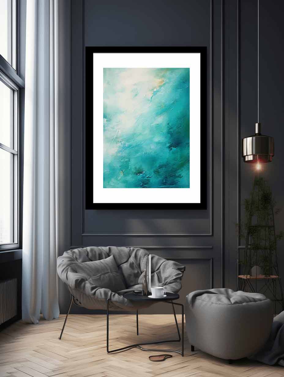 Turquoise abstract ocean canvas art for calm bedroom wall decor.