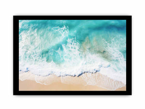 Aerial beach wave photography canvas for coastal living room decor.