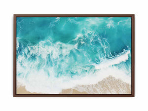 Aerial beach wave photography canvas for coastal living room decor.