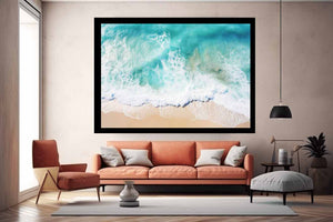 Aerial beach wave photography canvas for coastal living room decor.