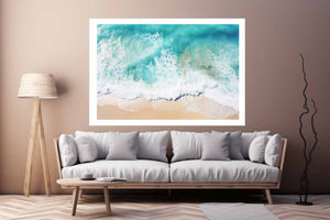Aerial beach wave photography canvas for coastal living room decor.