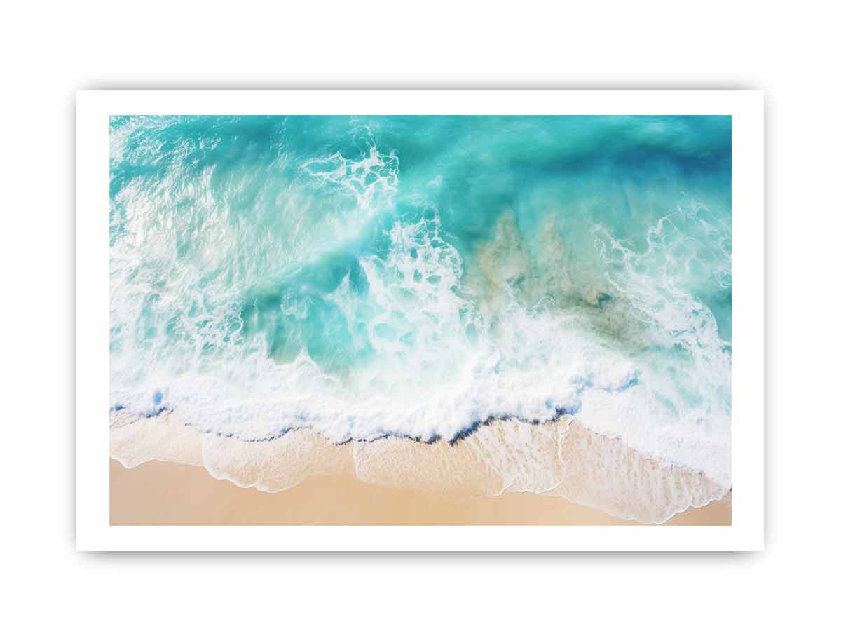 Aerial beach wave photography canvas for coastal living room decor.