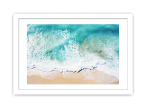 Aerial beach wave photography canvas for coastal living room decor.