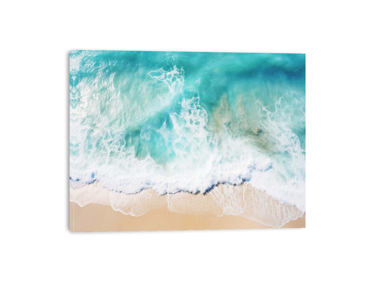 Aerial beach wave photography canvas for coastal living room decor.