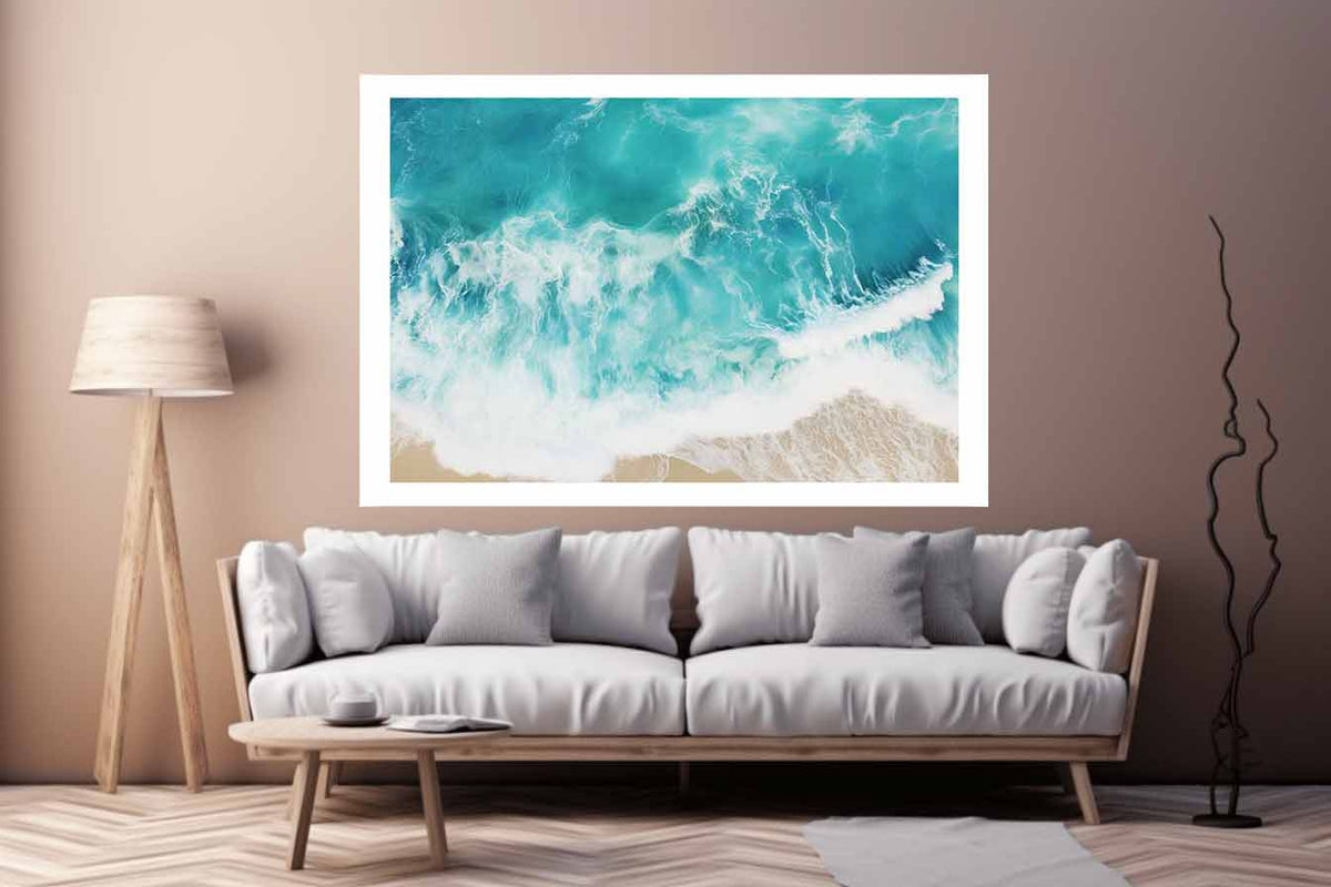 Aerial ocean wave canvas print for bright coastal living room decor.