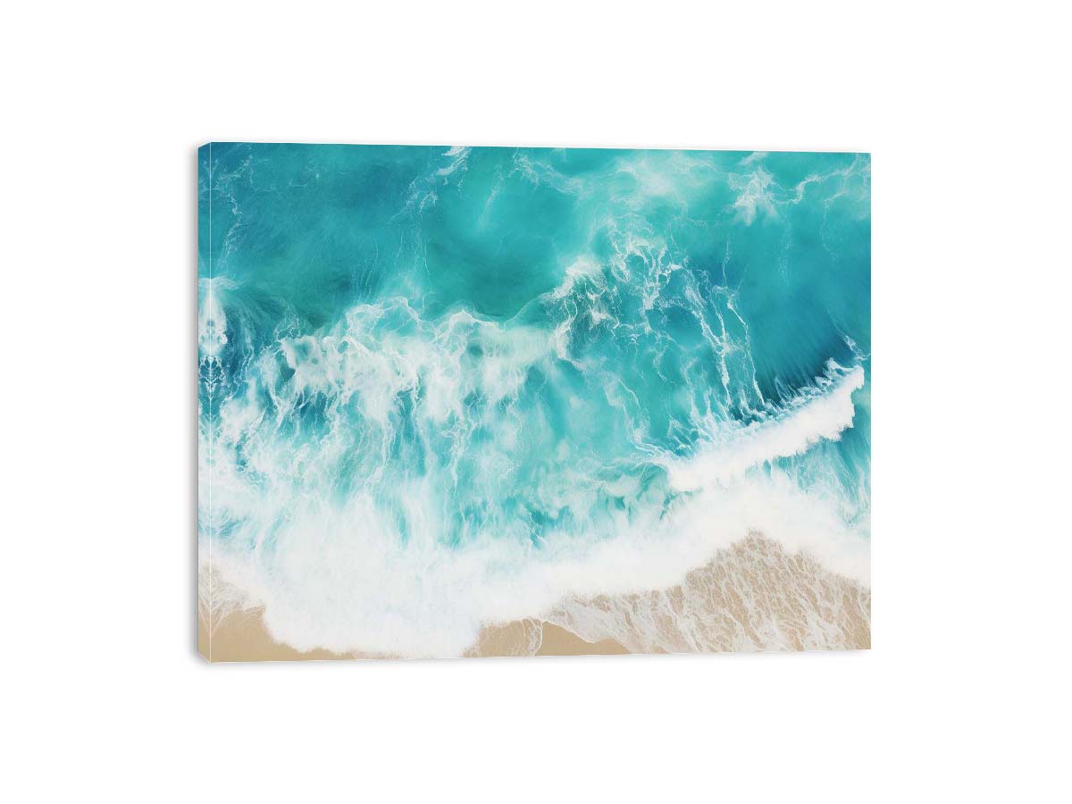 Aerial ocean wave canvas print for bright coastal living room decor.