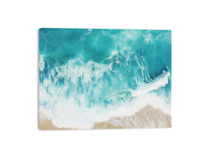 Aerial ocean wave canvas print for bright coastal living room decor.