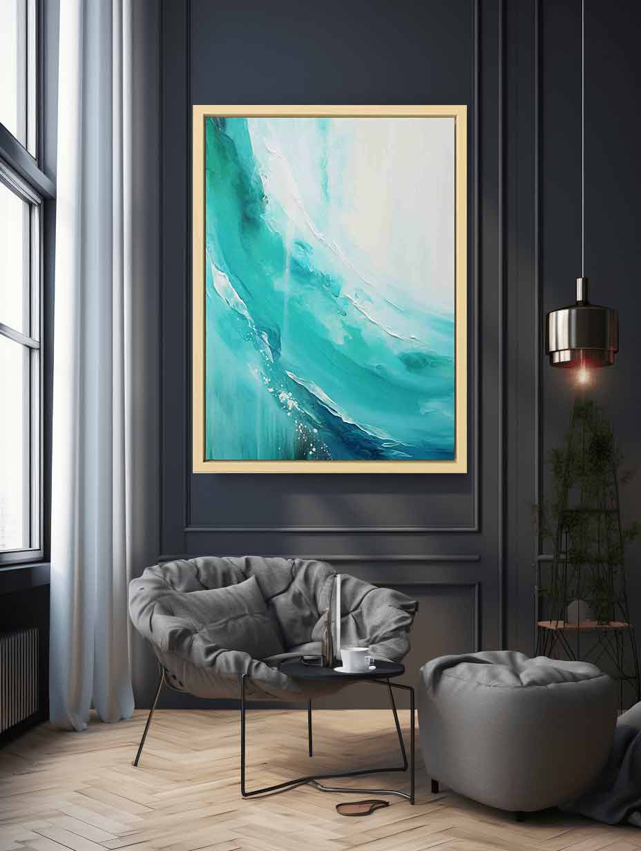 Teal abstract coastal canvas art with fluid curves for modern bedroom decor.