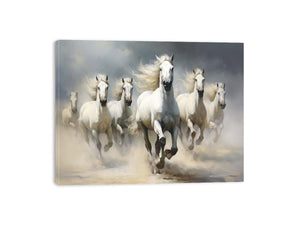 White horse herd running through dust canvas art for elegant living room or office decor.