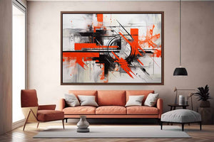 Red black geometric abstract canvas art for bold modern office decor.