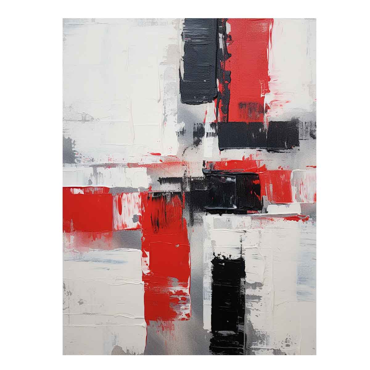Red white black abstract canvas art for modern apartment wall decor.