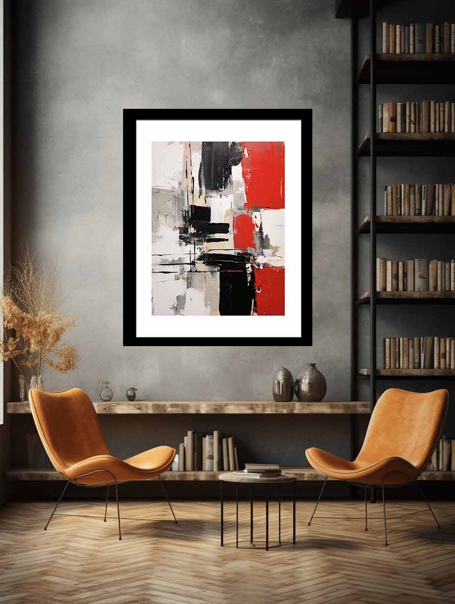 Red white black abstract canvas art for modern apartment wall decor.
