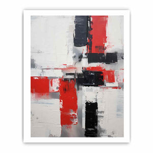 Red white black abstract canvas art for modern apartment wall decor.