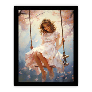 Girl on swing canvas illustration with blossoms for dreamy nursery decor.