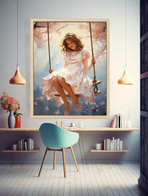 Girl on swing canvas illustration with blossoms for dreamy nursery decor.