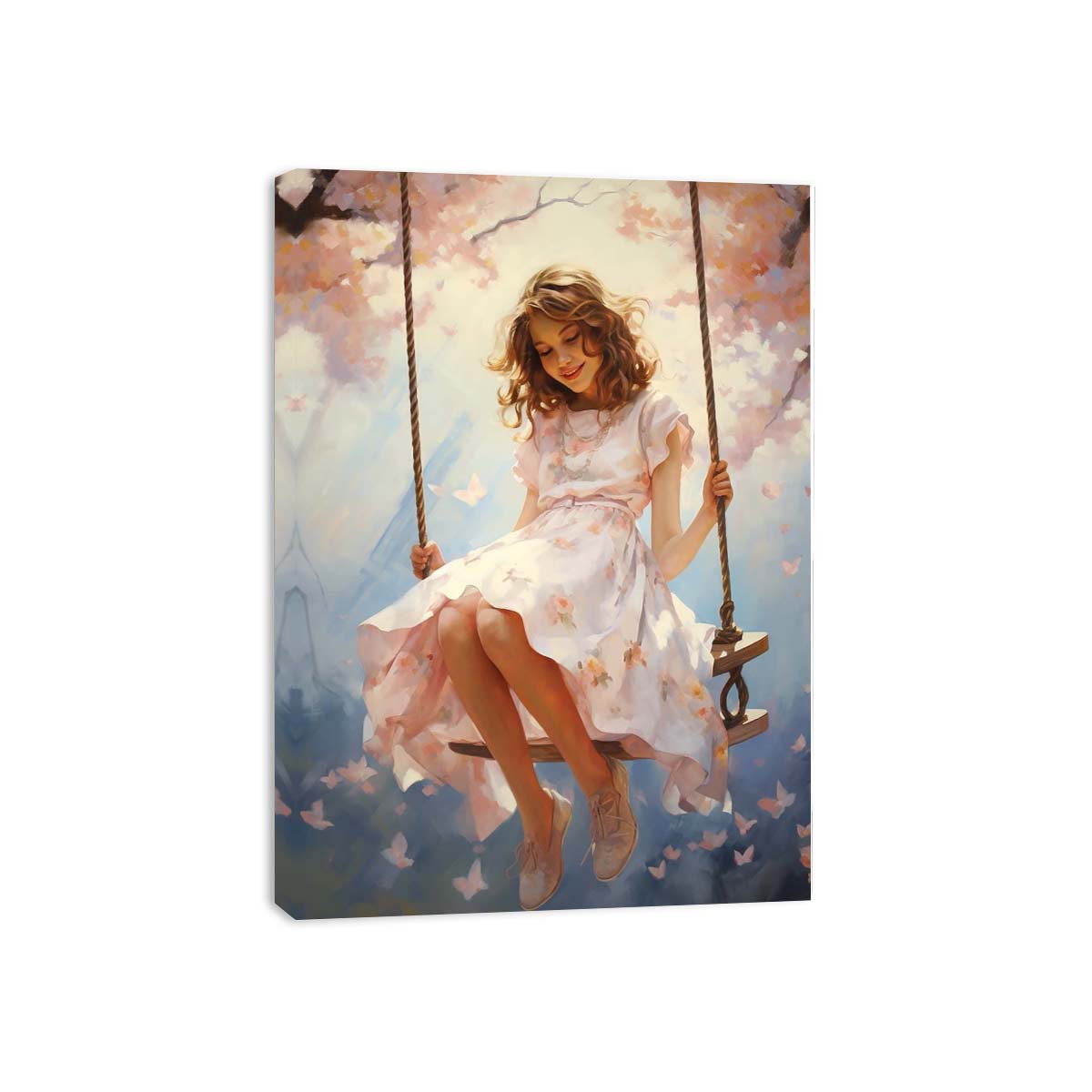 Girl on swing canvas illustration with blossoms for dreamy nursery decor.