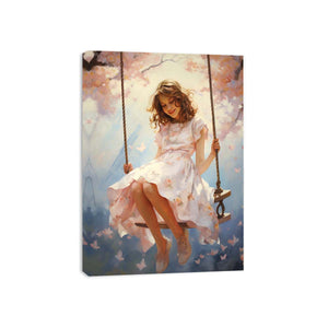 Girl on swing canvas illustration with blossoms for dreamy nursery decor.