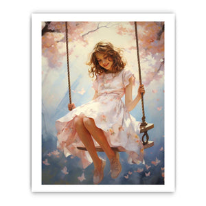 Girl on swing canvas illustration with blossoms for dreamy nursery decor.