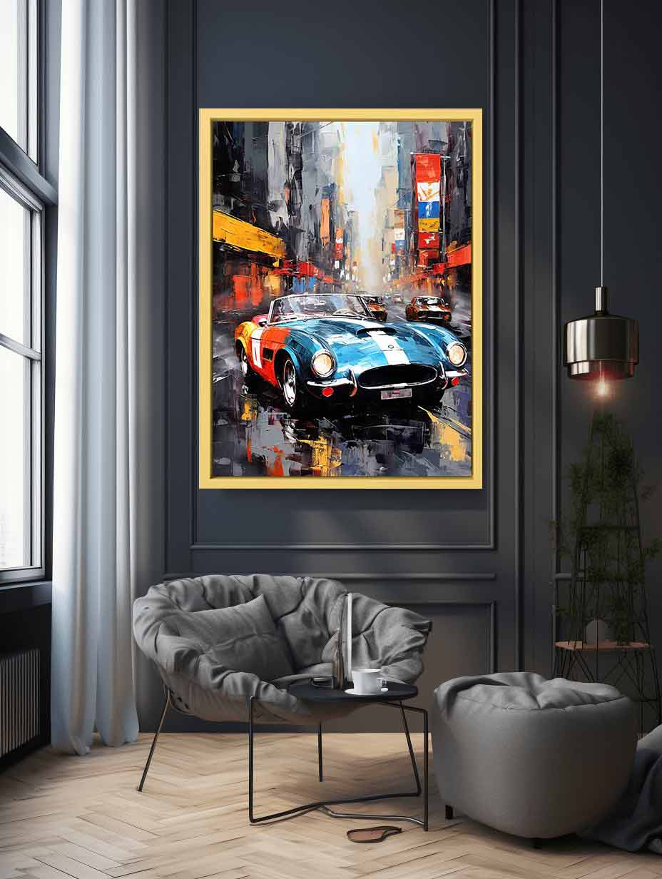 Classic sports car city canvas art for bold office or mancave decor.