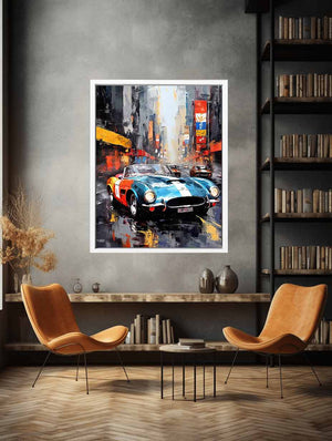 Classic sports car city canvas art for bold office or mancave decor.