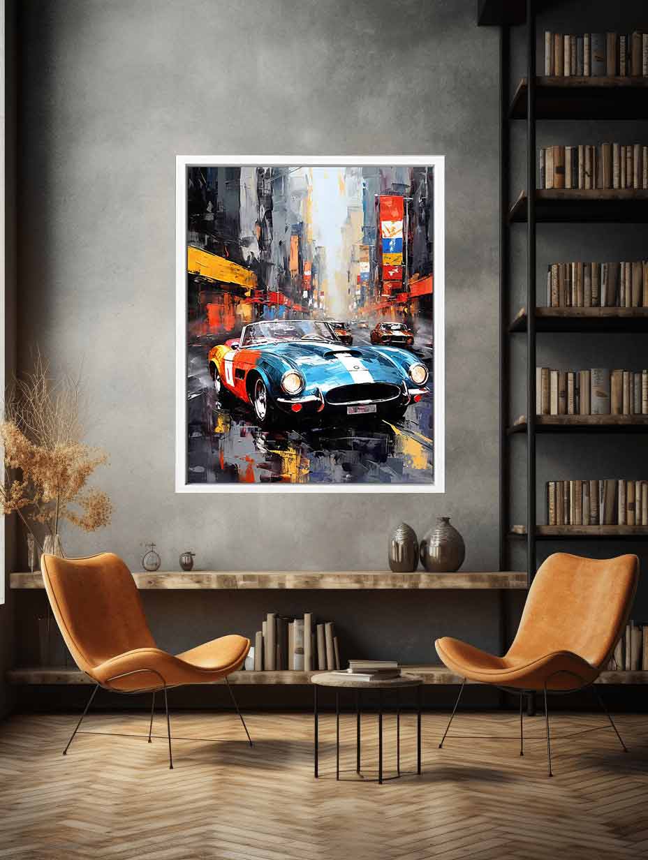 Classic sports car city canvas art for bold office or mancave decor.
