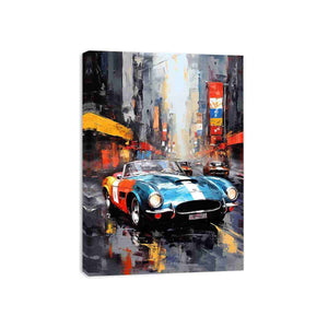 Classic sports car city canvas art for bold office or mancave decor.