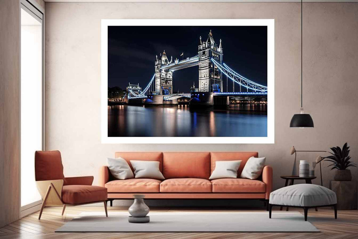 London Tower Bridge night canvas photography for elegant office wall decor.