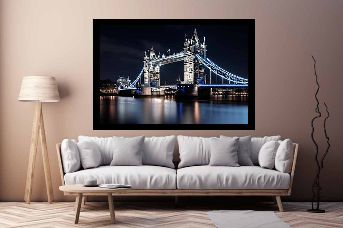 London Tower Bridge night canvas photography for elegant office wall decor.