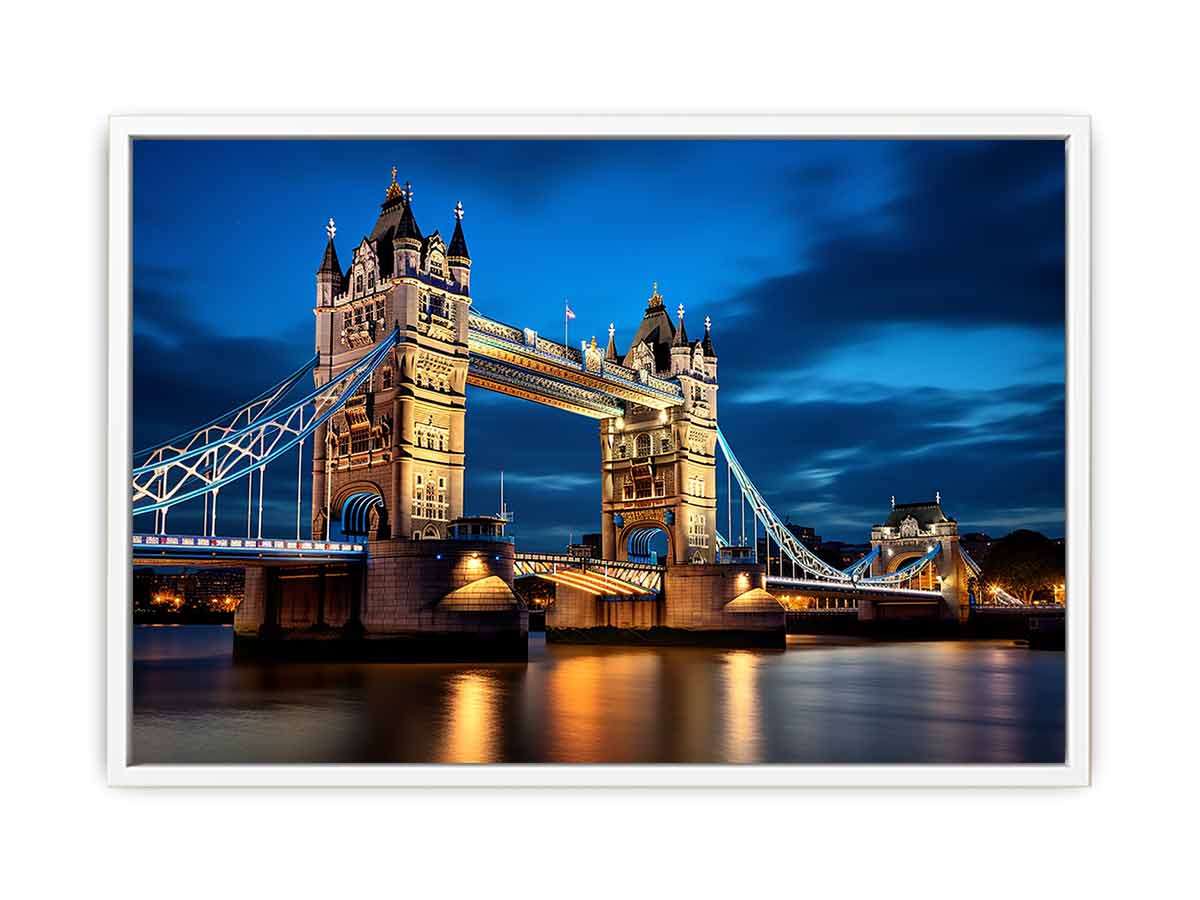 London Tower Bridge blue hour canvas photography for elegant living room decor.