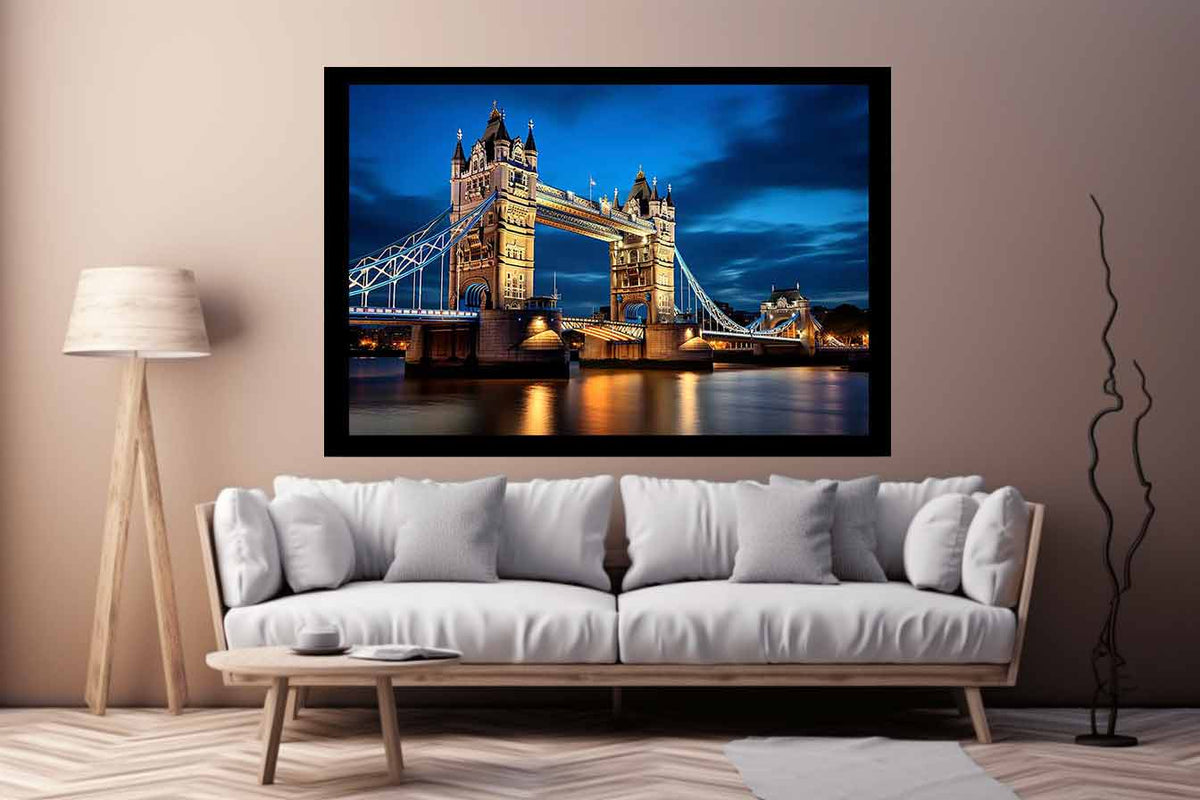 London Tower Bridge blue hour canvas photography for elegant living room decor.