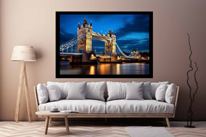 London Tower Bridge blue hour canvas photography for elegant living room decor.