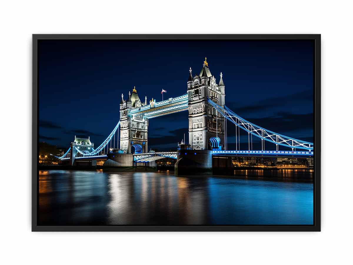 Night Tower Bridge canvas art with blue lights for office decor.