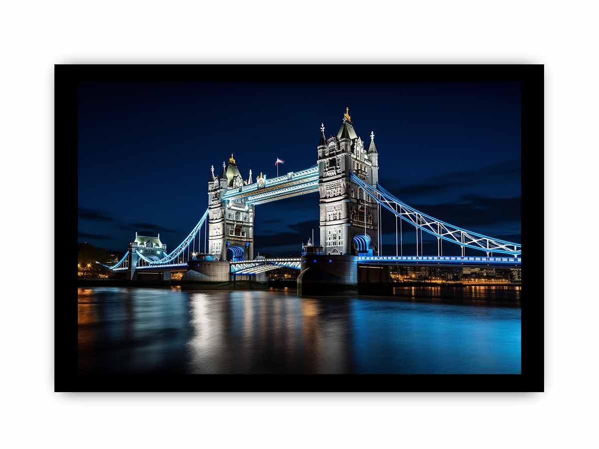 Night Tower Bridge canvas art with blue lights for office decor.
